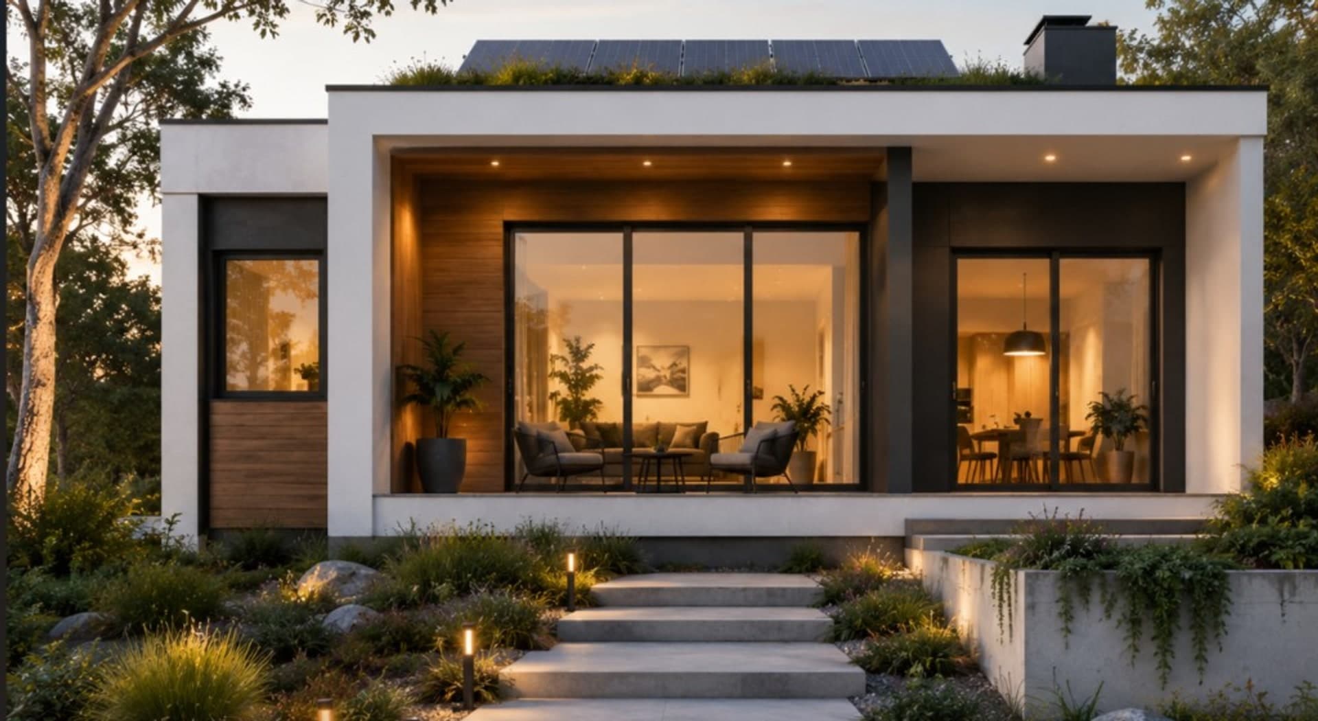 Modern eco passive house at dusk with solar panels, green roof, triple-glazed windows, and sustainable landscaping